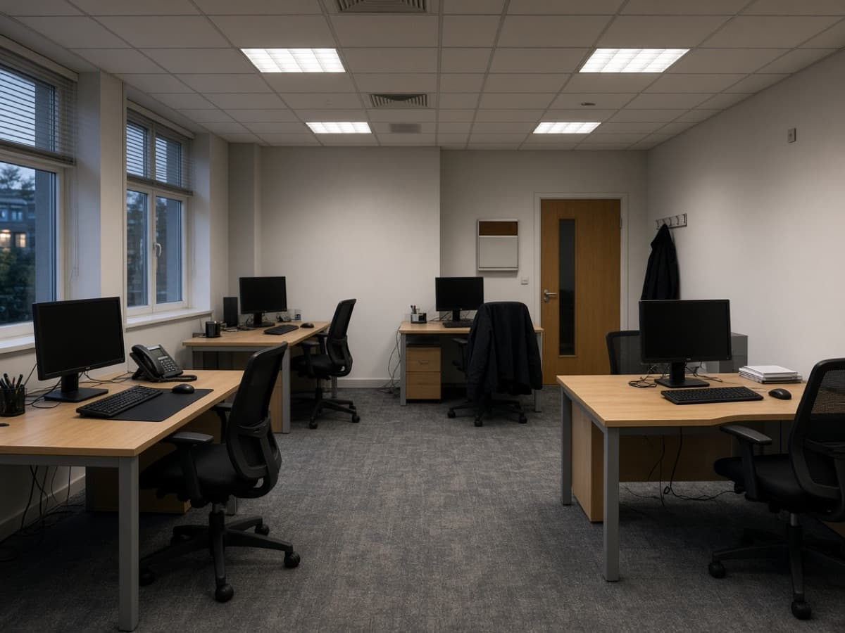 Tidy small office desks after evening clean