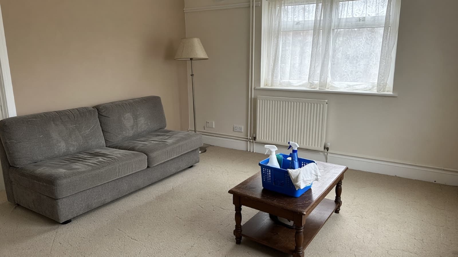 Living room mid-clean in a Belfast terrace, caddy on the table