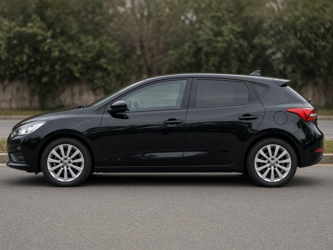Black hatchback after a full detail, paint and wheels finished