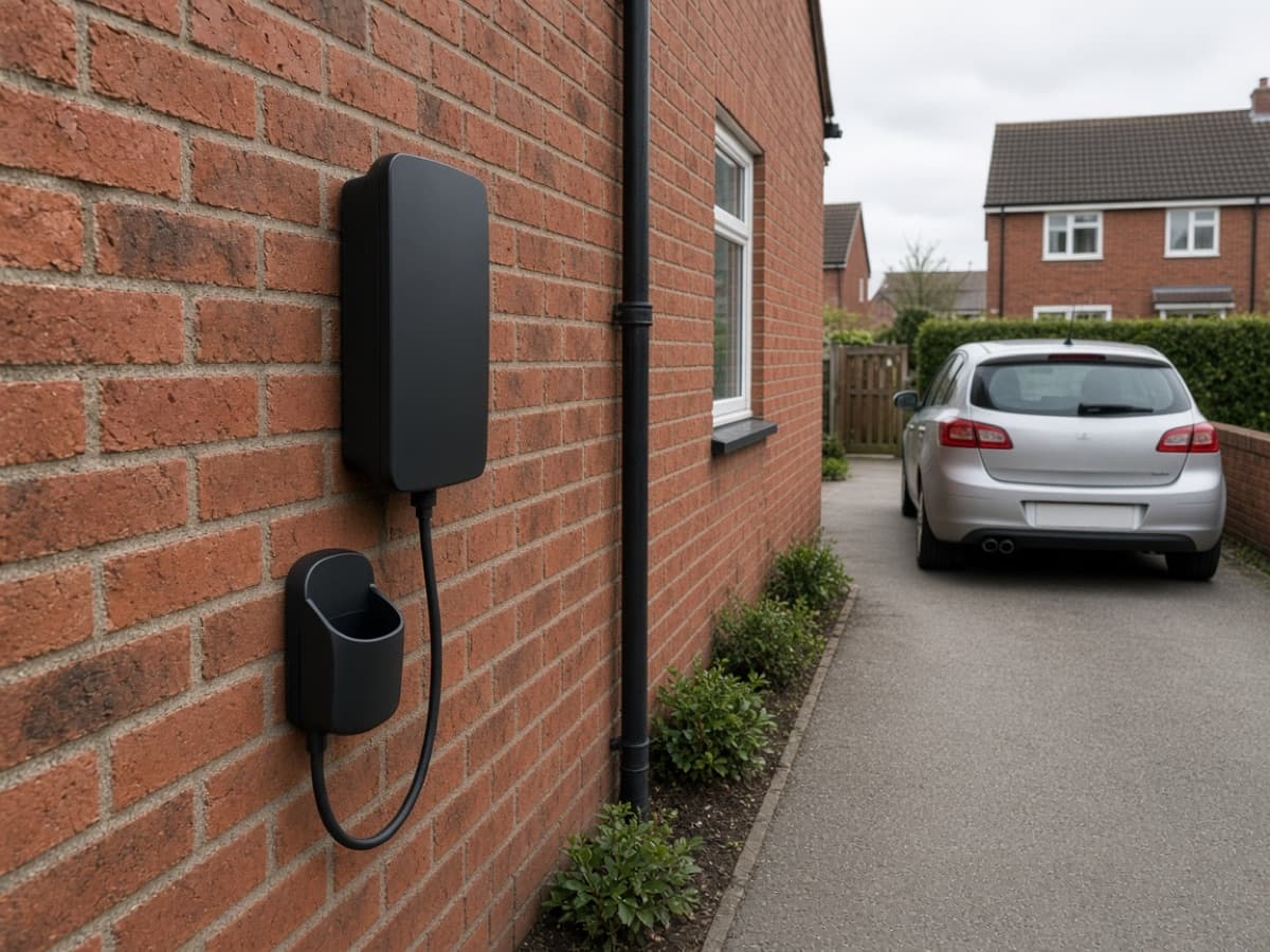 Home EV charger installed on a brick side wall