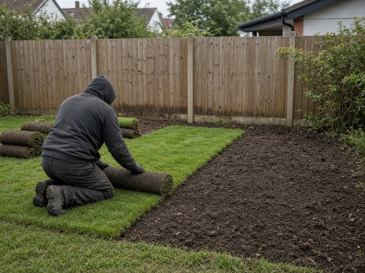 Fresh turf being laid in a back garden