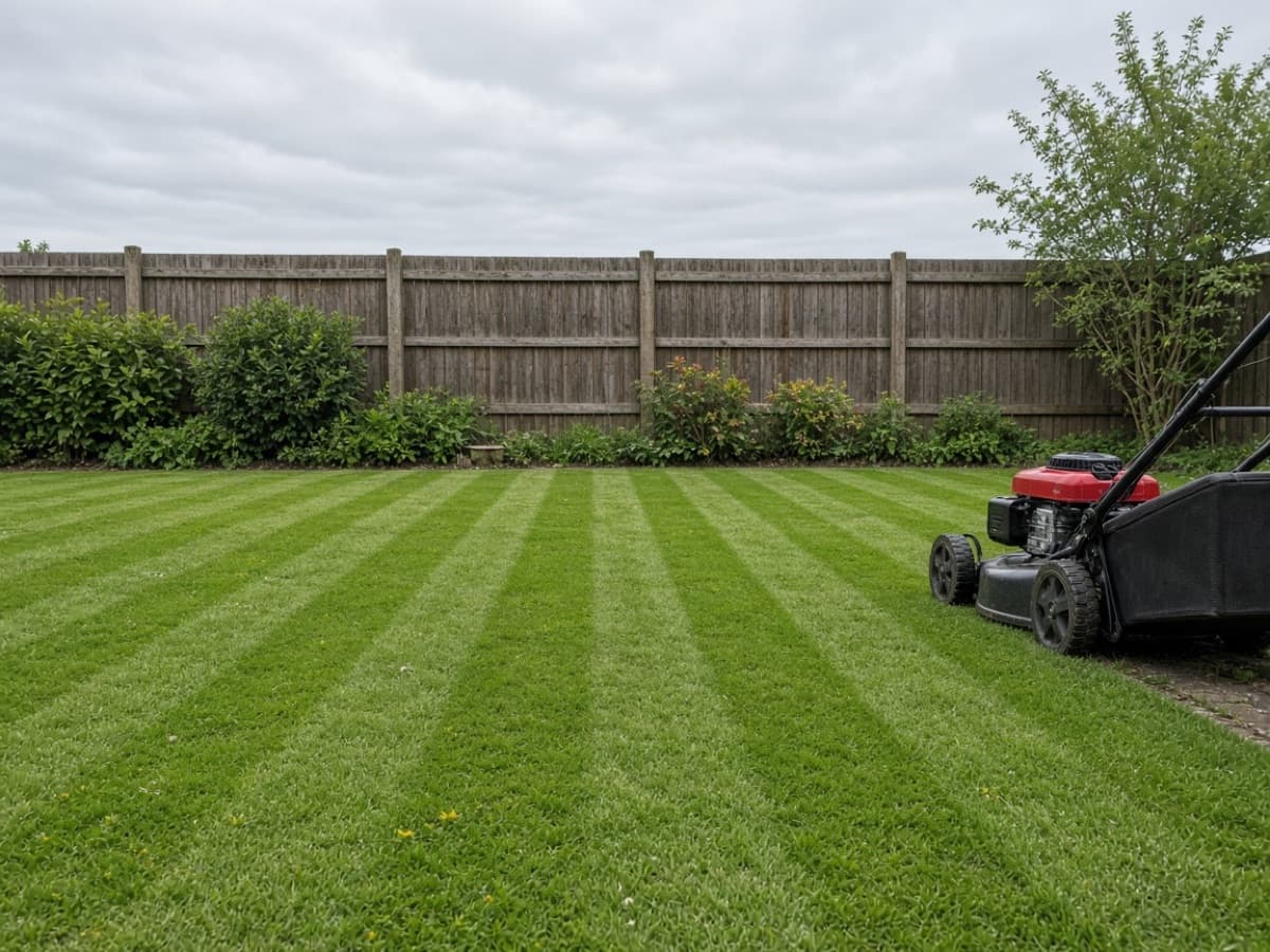 Maintained lawn and seating area after a seasonal visit
