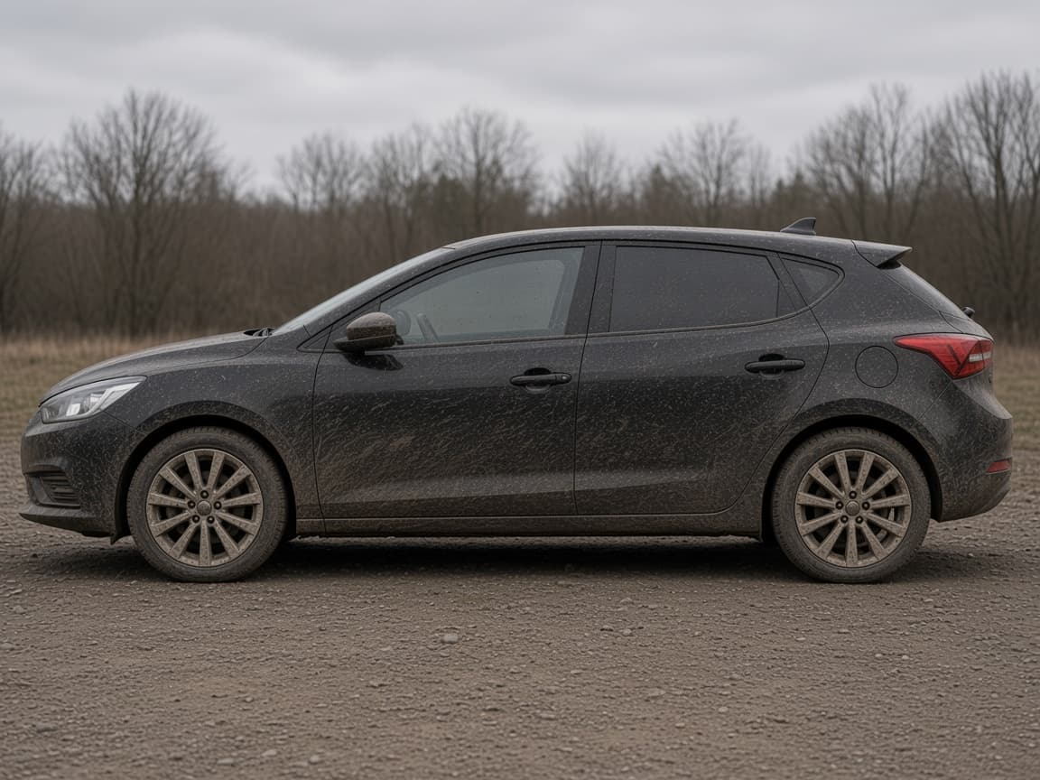 Dull, dusty black hatchback before a full detail