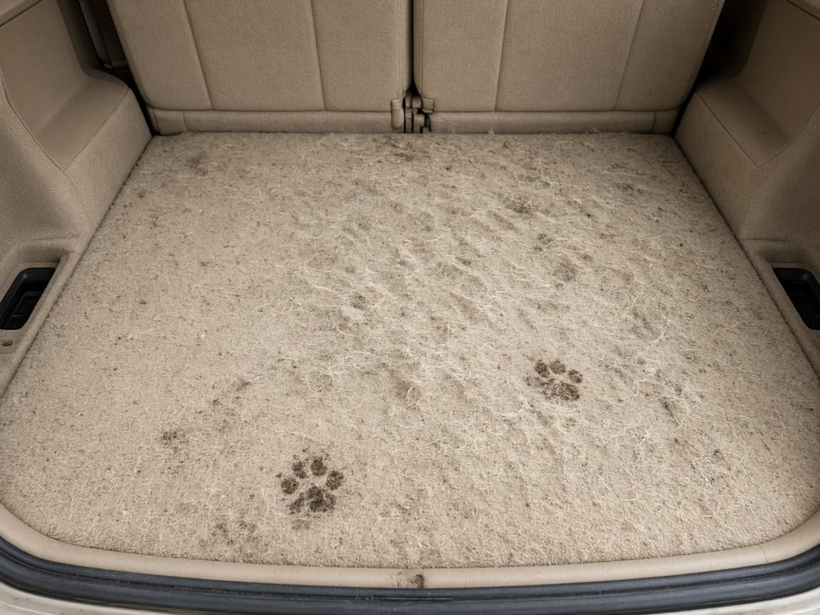 SUV boot carpet packed with pet hair and muddy paw prints