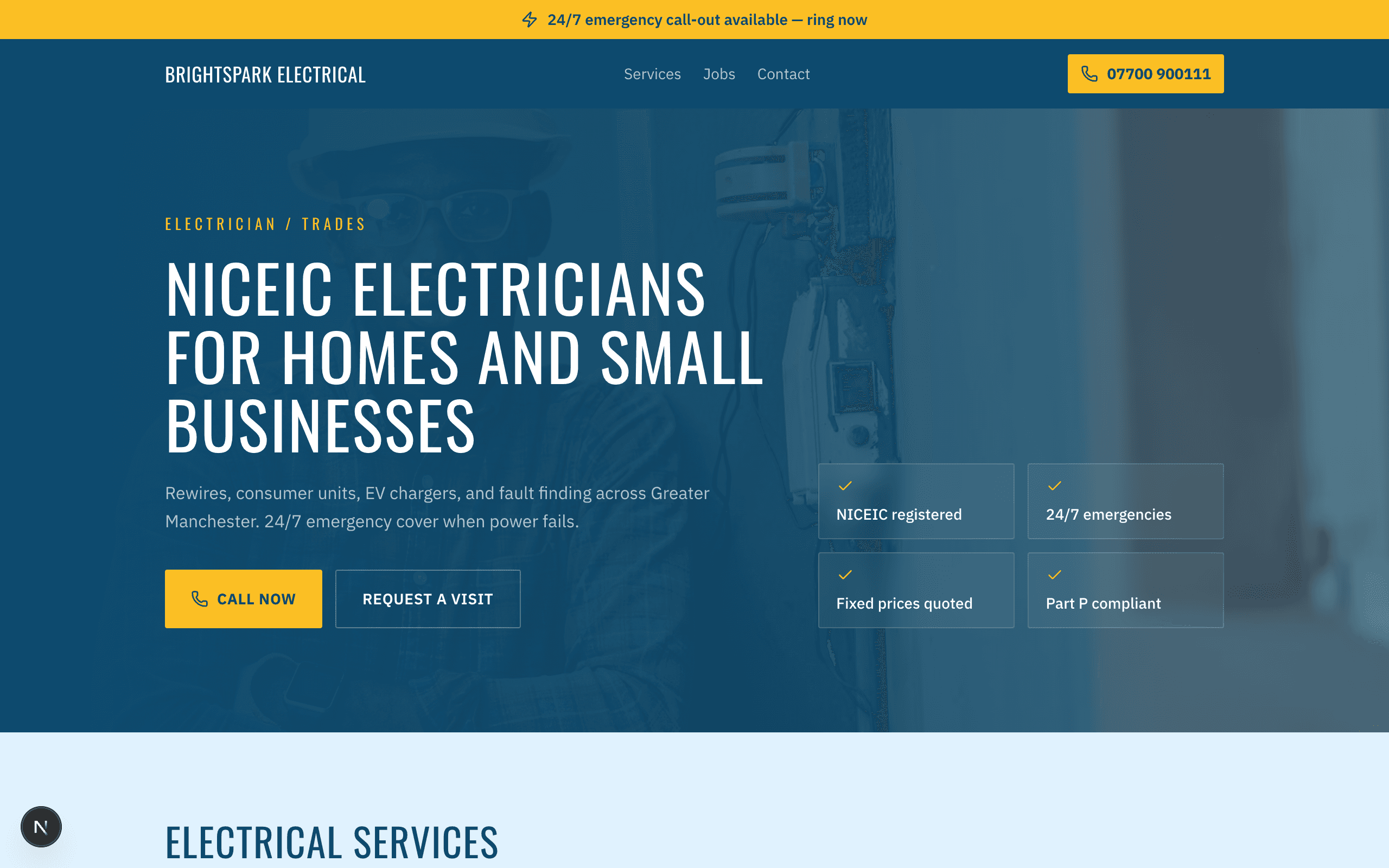BrightSpark Electrical homepage preview
